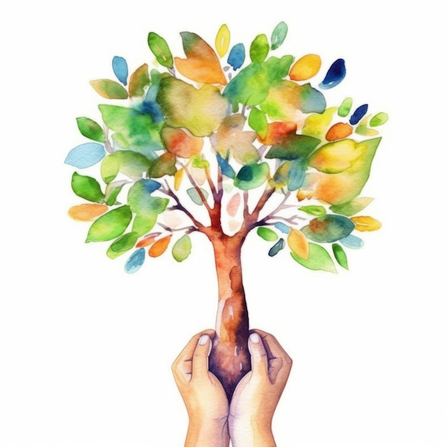 watercolor tree and hand