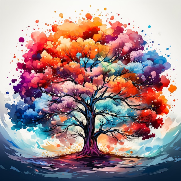 Watercolor tree illustration vibrant splashes on diverse backdrop