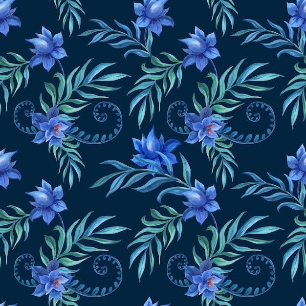 Watercolor tropic flowers and blue leaves on a dark background Floral seamless pattern