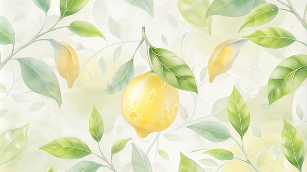 Photo watercolor tropical banner of ripe lemons leaves and flowers imitation handpainted branch of fresh yellow fruit on a white background delicious food for design print fabric or background