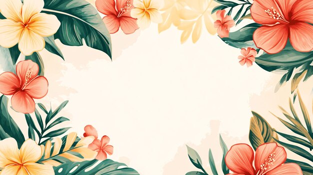 Watercolor tropical border with hibiscus and frangipani flowers creating copy space