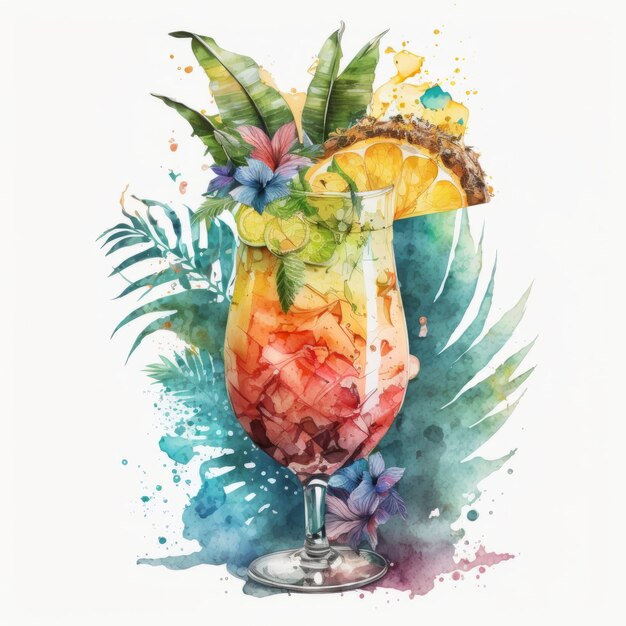 Watercolor tropical cocktail Illustration AI GenerativexA