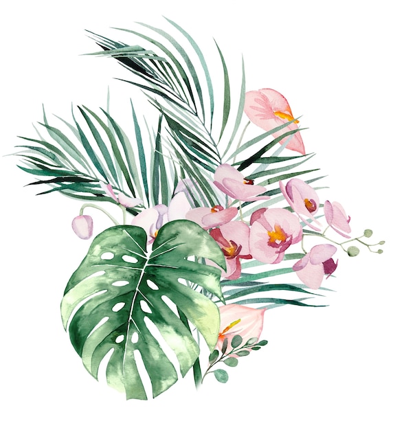 Watercolor tropical flowers and leaves bouquet 