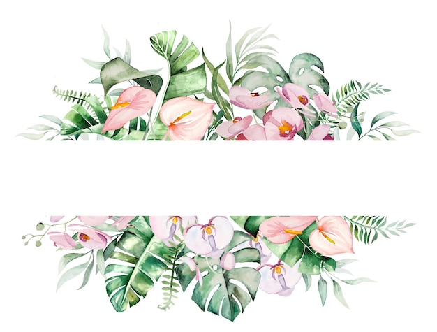 Watercolor tropical flowers and leaves geometric frame illustration