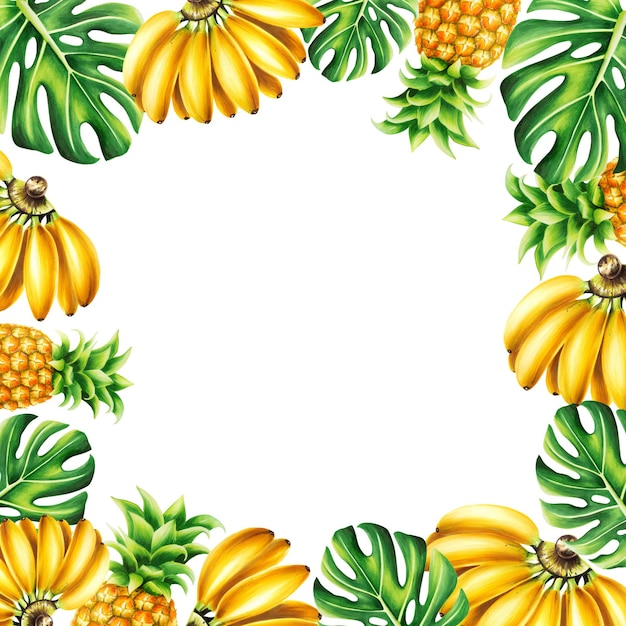 Watercolor tropical frame with a bunch of bananas pineapples and monstera leaves Ripe fruits illust