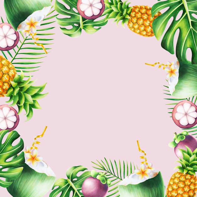 Watercolor tropical frame with coconut cocktail mangosteen pineapples and monstera and palm leaves R