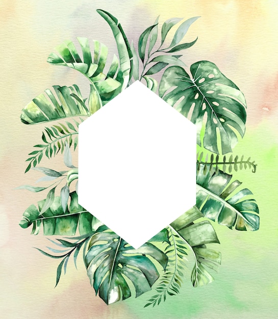 Watercolor tropical leaves geometric frame illustration with watercolor background