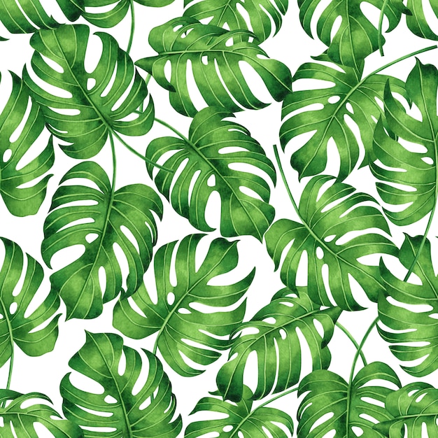 Watercolor tropical leaves seamless pattern background