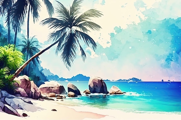 Watercolor tropical sea landscape painting Summer beach illustration Ai generated