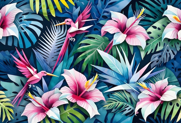 Watercolor tropical summer floral collage