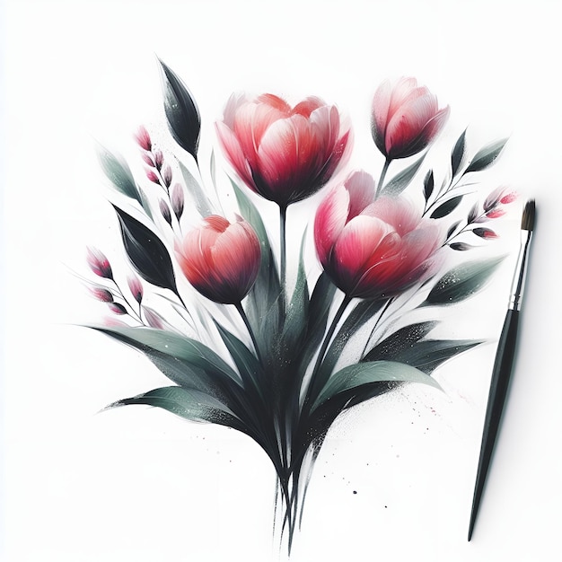 Watercolor tulips with brush isolated on white background