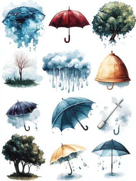 Watercolor Umbrella and Cloud Illustrations