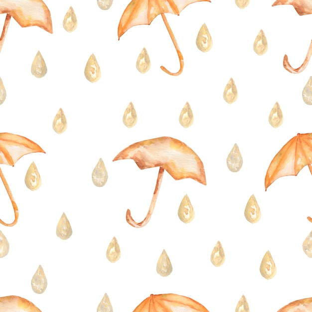 Watercolor umbrella with raindrops seamless pattern. 