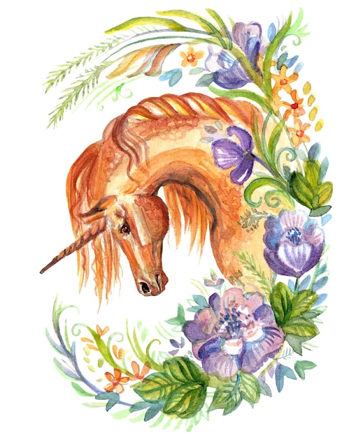 Watercolor unicorn in flowers 6