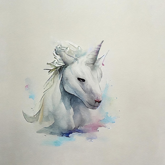 Watercolor of a unicorn. White horse with colored spots on white paper. Image of rainbow unicorn