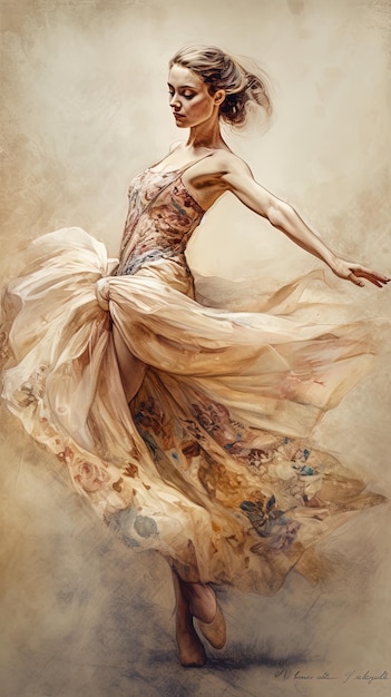 Watercolor of an unknown ballerina in a creamcolored dress AI generated image