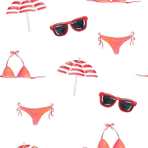 Watercolor vacation pattern with red glasses, umbrella, swimsuit on white background for fabric, textile, branding,wrapping