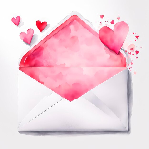 Watercolor valentine envelope letter with hearts on white background