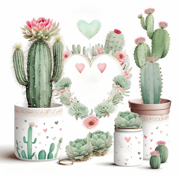 Watercolor valentines day cactus set