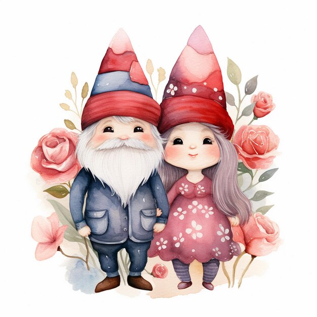 Photo watercolor valentines day gnome couple clipart