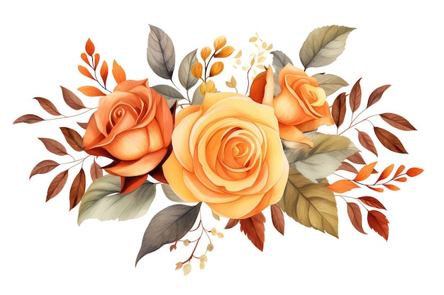 Watercolor Vector Autumn Banner Featuring Roses And Leaves Set Against White Background