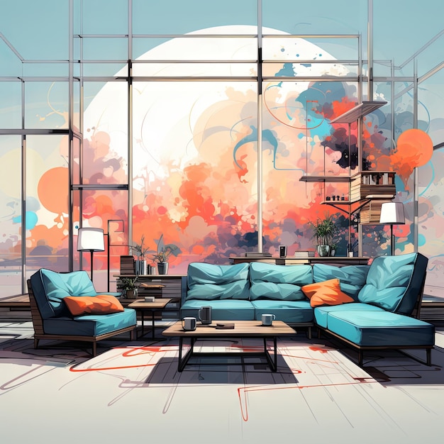 Watercolor Vector illustration of a living room