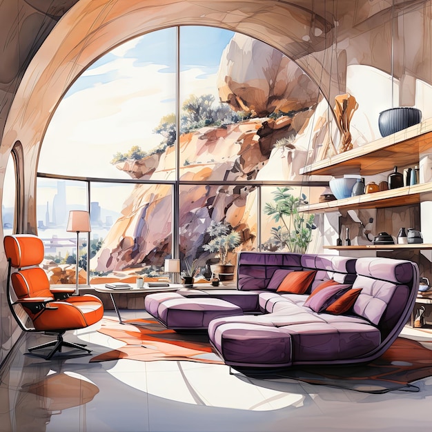 Watercolor Vector illustration of a living room