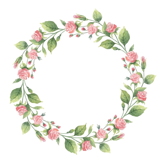 Watercolor vector wreath of green branches and flowers roses