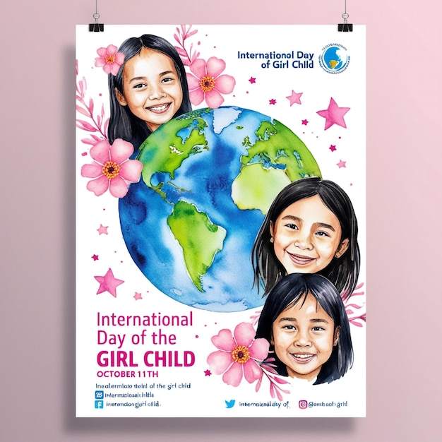 Photo watercolor vertical poster template for international day of the girl child