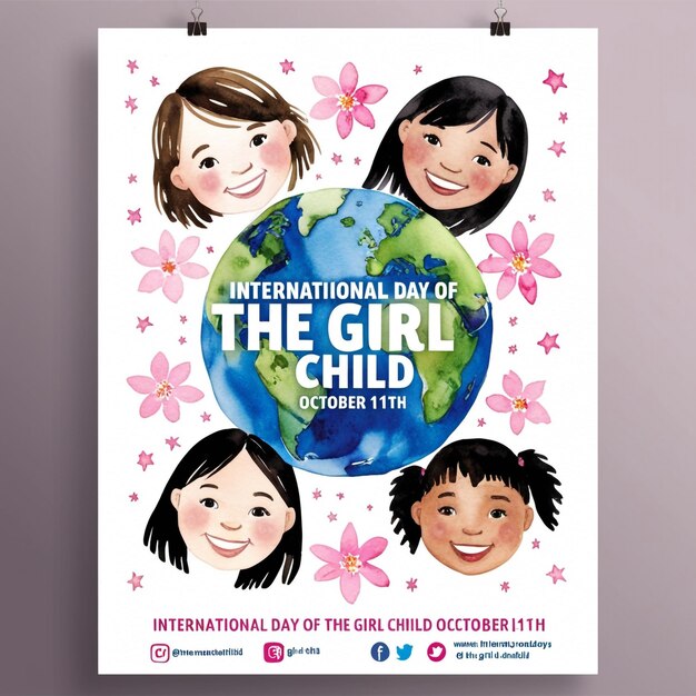 Photo watercolor vertical poster template for international day of the girl child