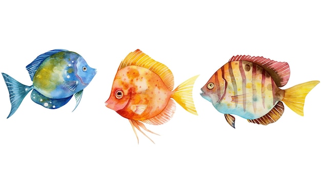 Photo watercolor vibrant collection of three fish cartoons