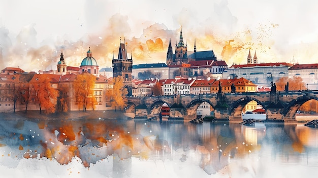 A Watercolor View of Pragues Charles Bridge at Sunset