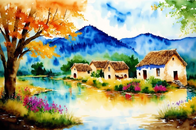 A watercolor village Tranquil Serenity Watercolor Painting of a Rustic Village Generative AI