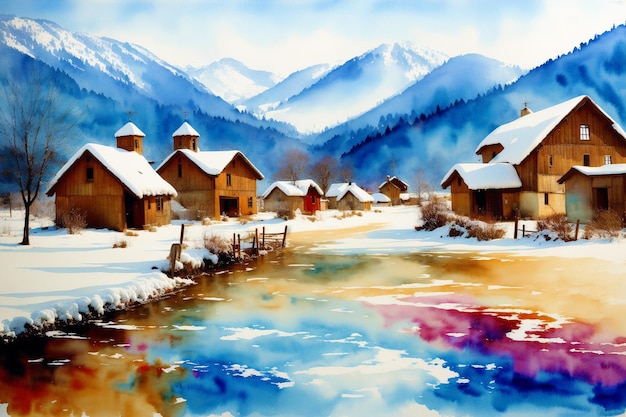 A watercolor village Tranquil Serenity Watercolor Painting of a Rustic Village Generative AI