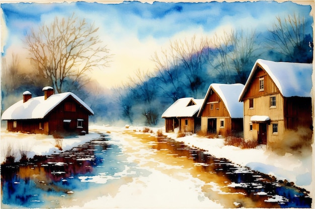 A watercolor village Tranquil Serenity Watercolor Painting of a Rustic Village Generative AI