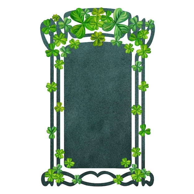 Watercolor vintage fantasy frame with hand drawn four leaf clover for st patricks day for good luck