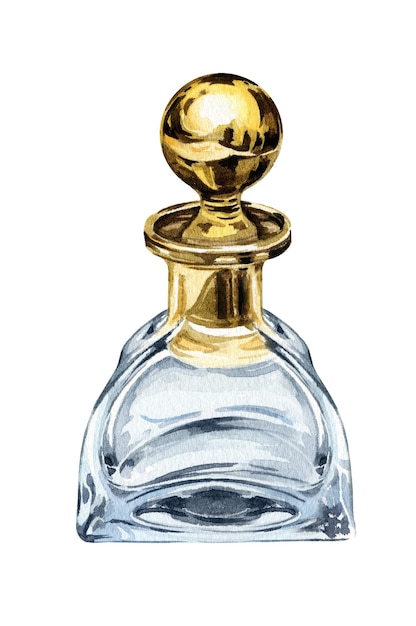 Watercolor vintage perfume glass bottle with golden bottle cap hand drawn illustration