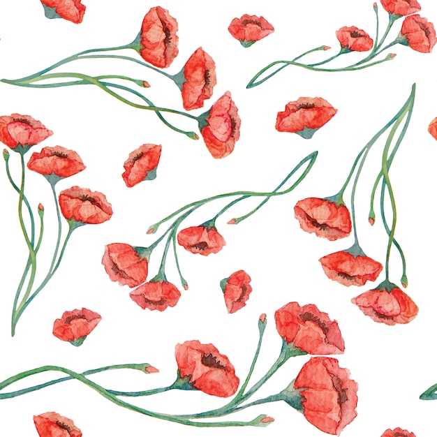 Watercolor vintage red poppies seamless pattern