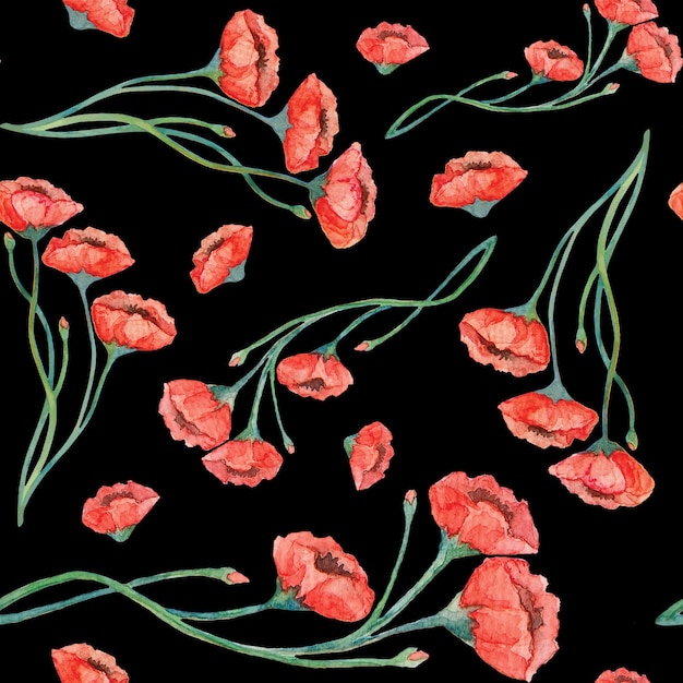 Watercolor vintage red poppies seamless pattern