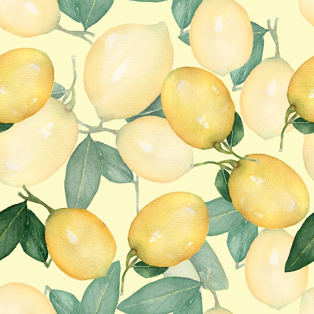 Watercolor vintage  seamless pattern, branch of fresh citrus yellow fruit lemon