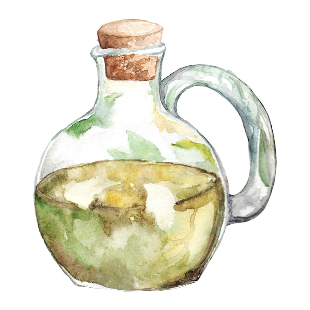 Watercolor virgin olive oil glass bottle isolated