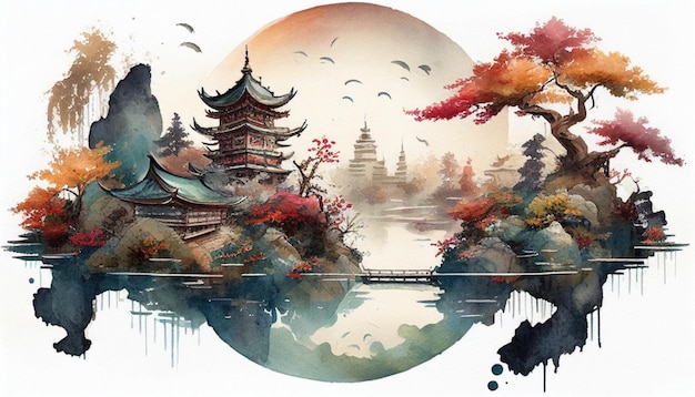 Watercolor wall art of japanese landscape with a bridge and temple