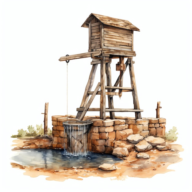 watercolor water well western wild west cowboy desert illustration clipart