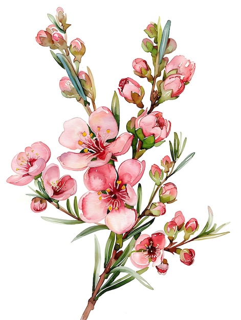 Watercolor Waxflower Isolated on White Background