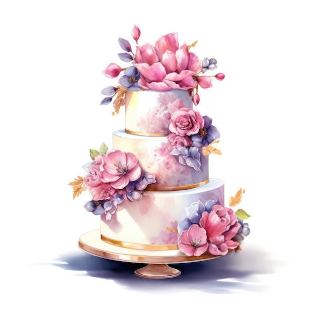 Watercolor wedding cake with flowers Generative AI