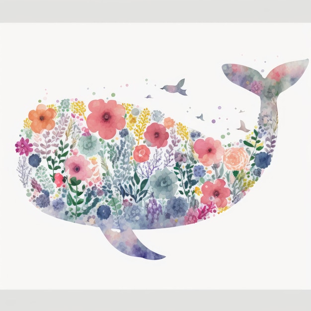 A watercolor whale with flowers and butterflies.