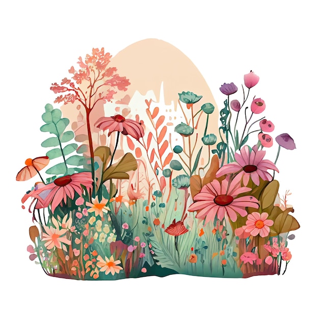 Watercolor whimsical drawing of a flower garden with cute details isolated Generative AI