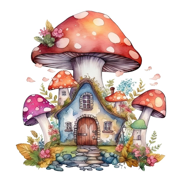 Watercolor whimsical mushroom house fantasy fairytale illustration Generative AI