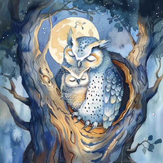 Photo watercolor whimsy mama owl nurtures owlet in hollow tree nest under moonlight a charming watercolo