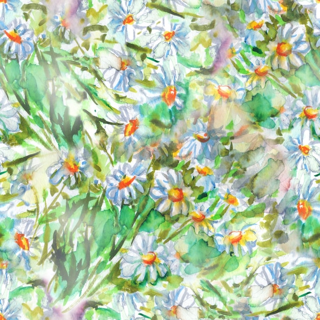 Photo watercolor white blue little chamomile daisy flower and greenery seamless pattern texture background